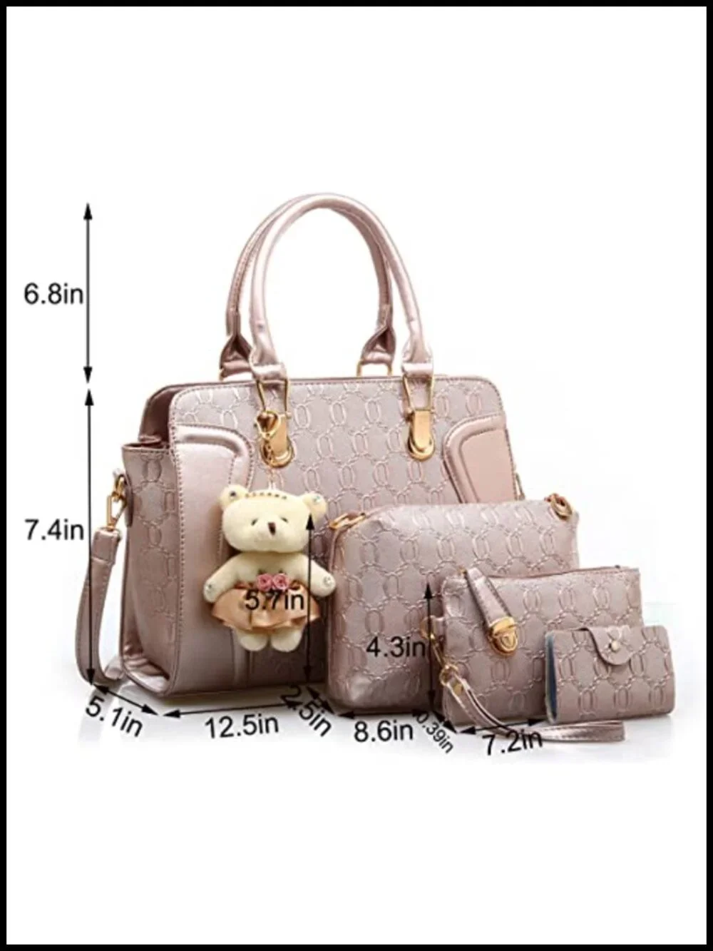 Faux Leather Top Handle Satchel Tote Bag Set 4 pcs Chain Texture